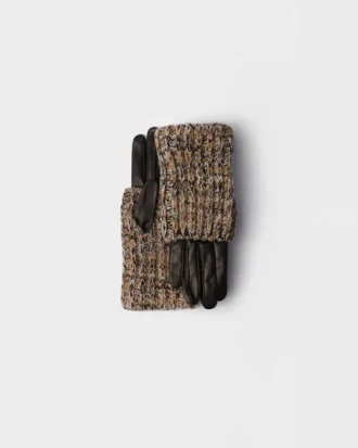 Handskar i nappaläder och melerad stickning