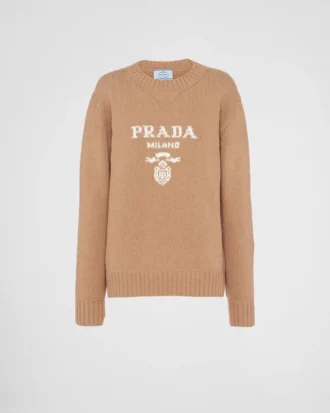 Kashmir- och ulltröja med rund hals och Prada-logotyp