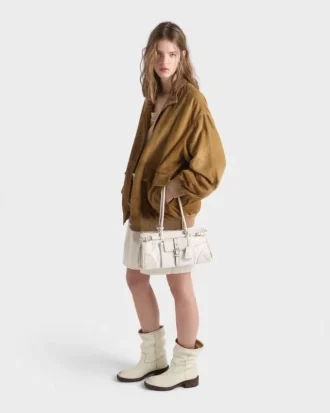 Prada Bonnie Medium handväska i tryckt linne och läder Prada Bonnie Medium handväska i tryckt linne och läder